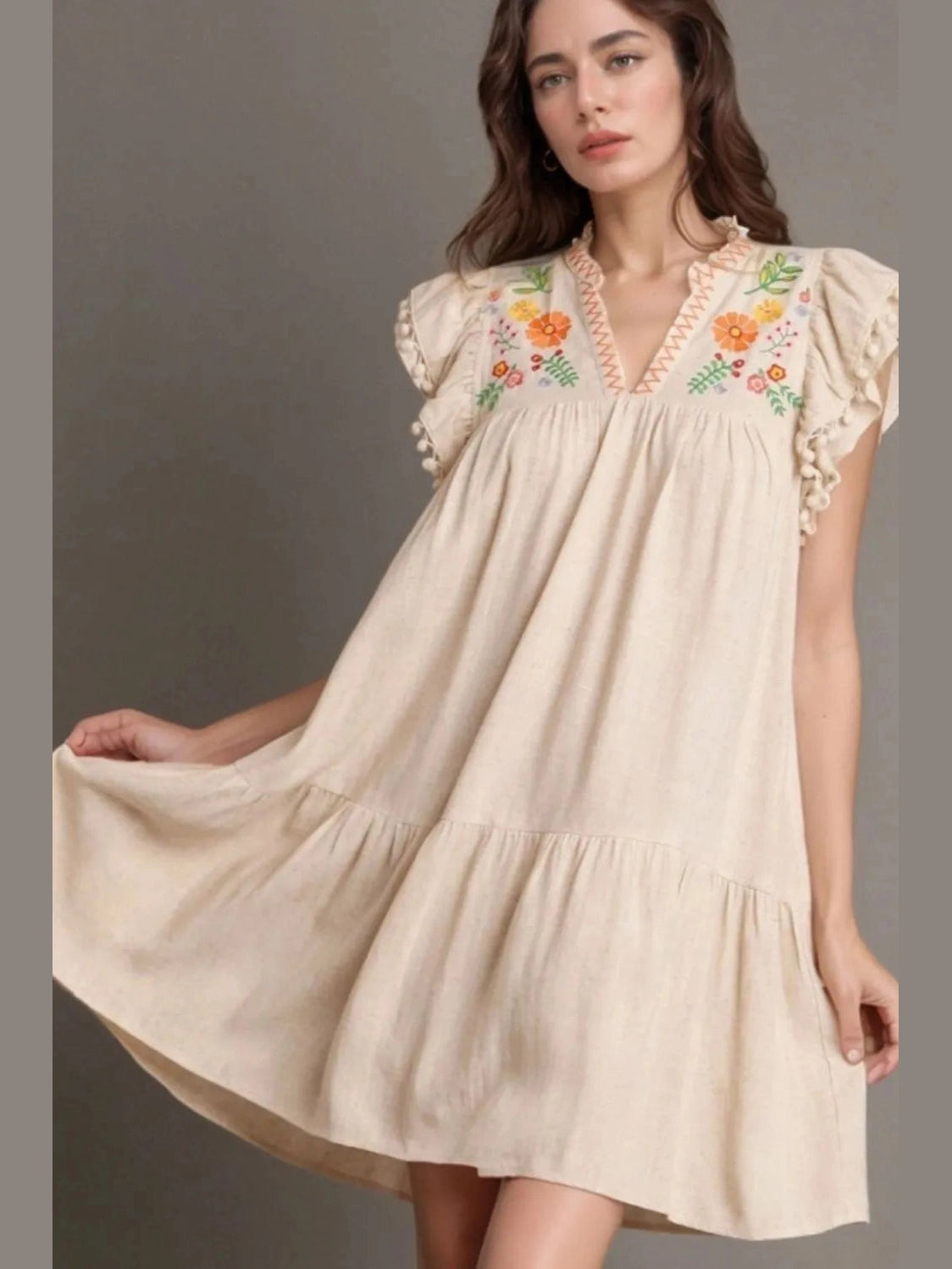 Floral Embroidery Pom Pom Ruffle Sleeves Mini Dress NicholesGifts