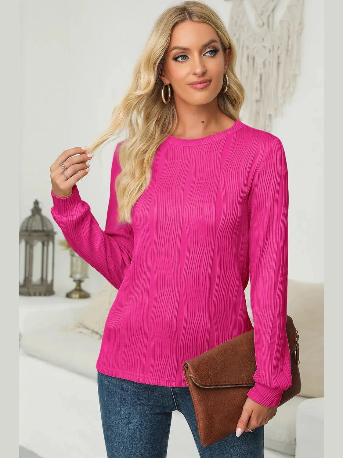 Textured Round Neck Long Sleeve Blouse NicholesGifts
