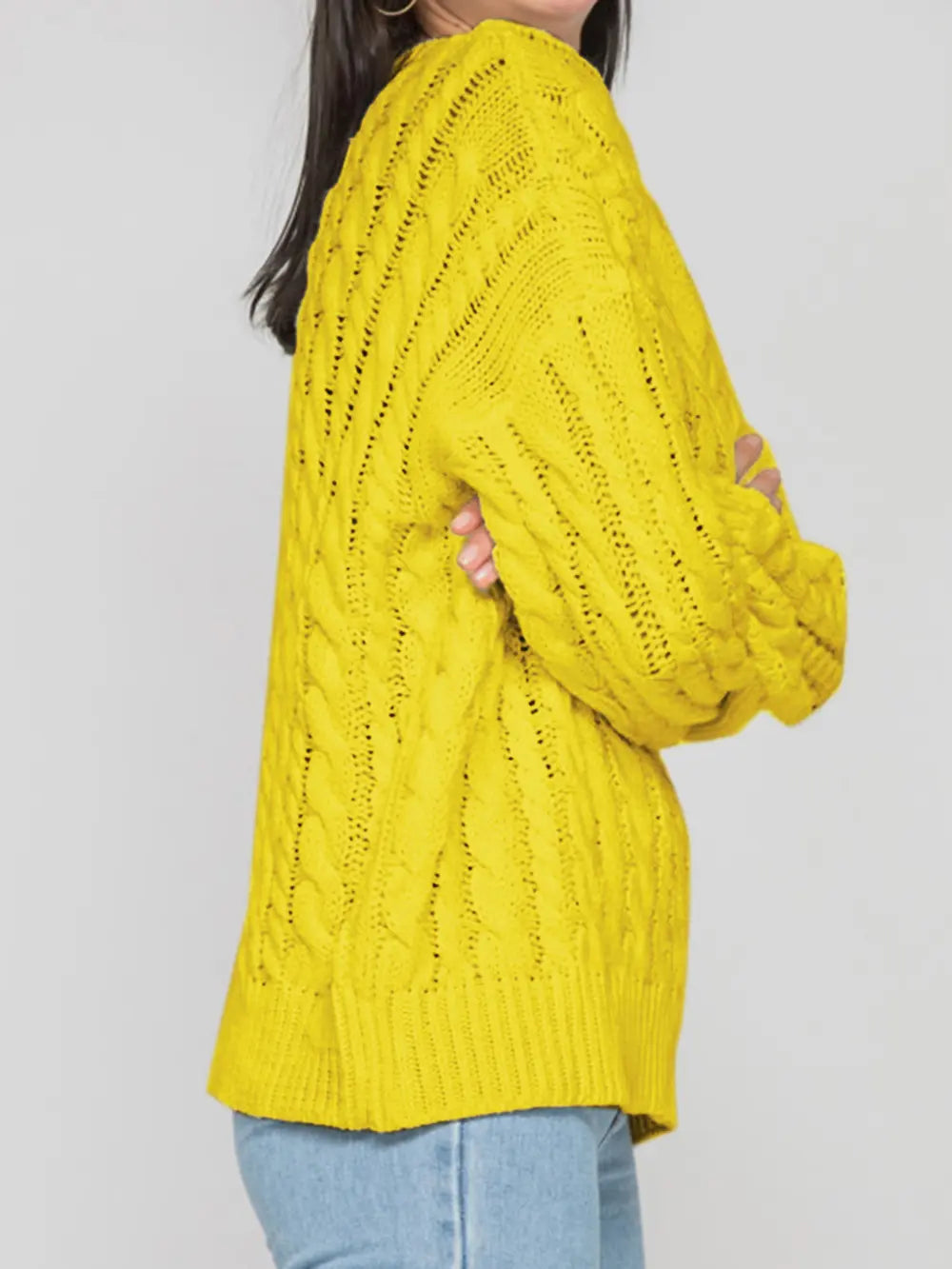 Openwork Round Sleeve Cable-Knit Sweater Trendsi