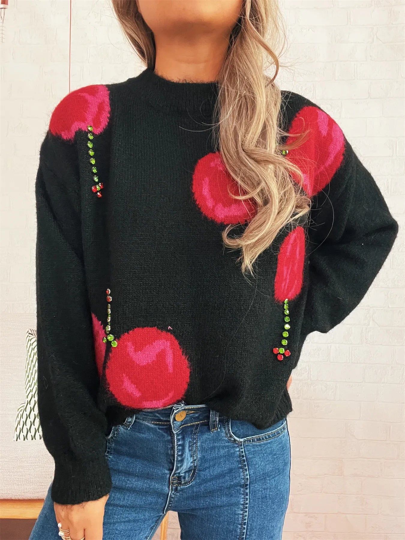 Contrast Cherry Round Neck Sweater