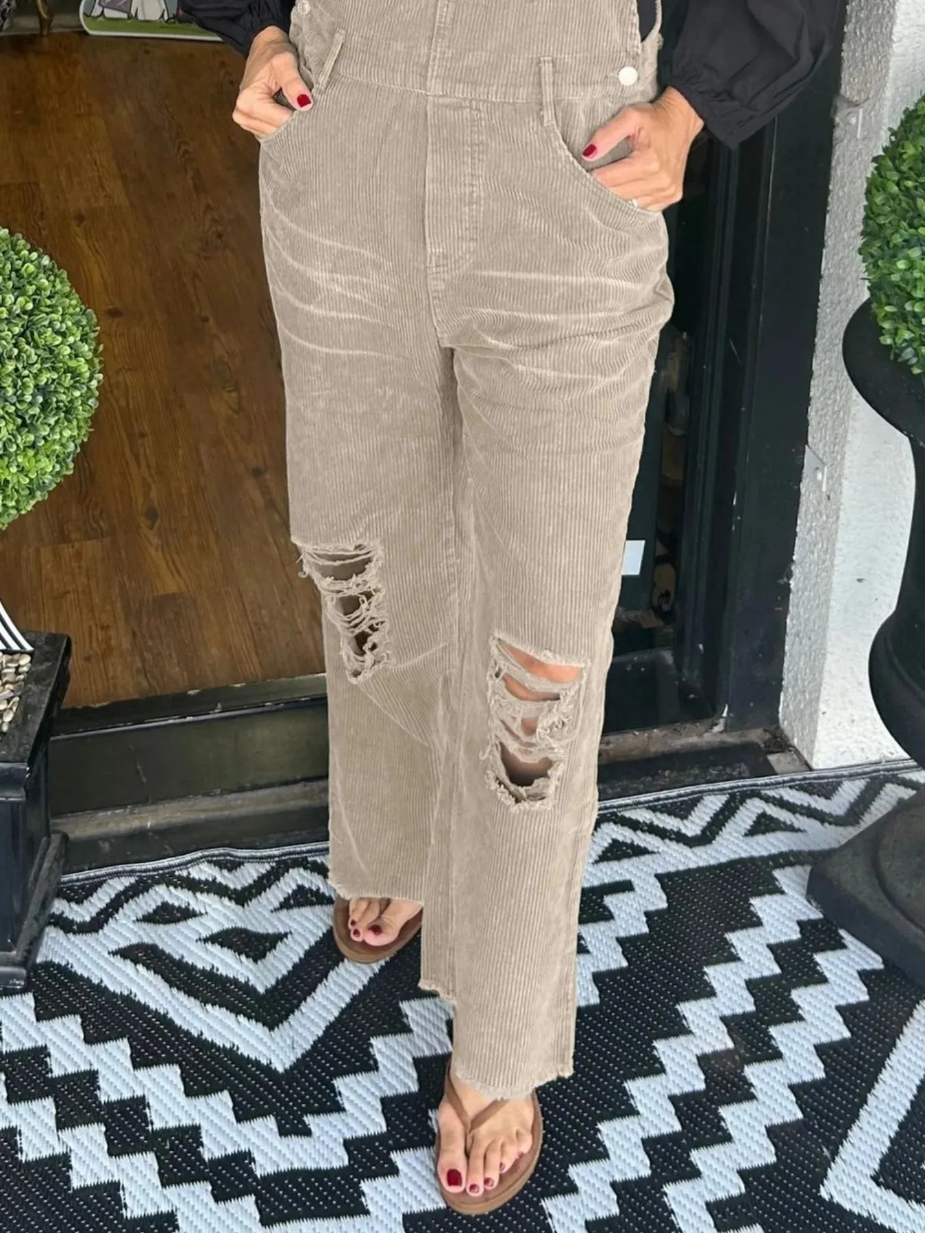 Distressed Wide Leg Corduroy Overalls nicholesgifts