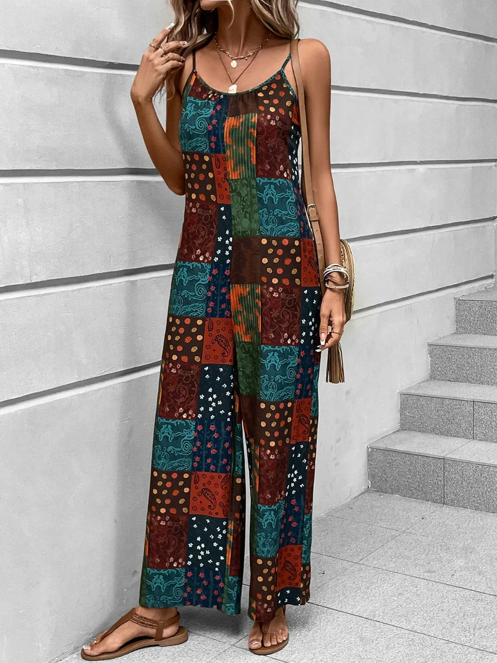 Printed Scoop Neck Spaghetti Strap Jumpsuit nicholesgifts