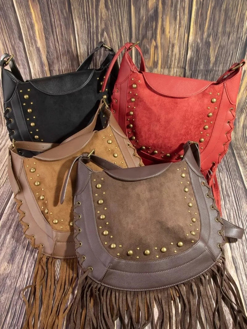 Fame Rivet Trim Suede Fringe Shoulder Bag nicholesgifts