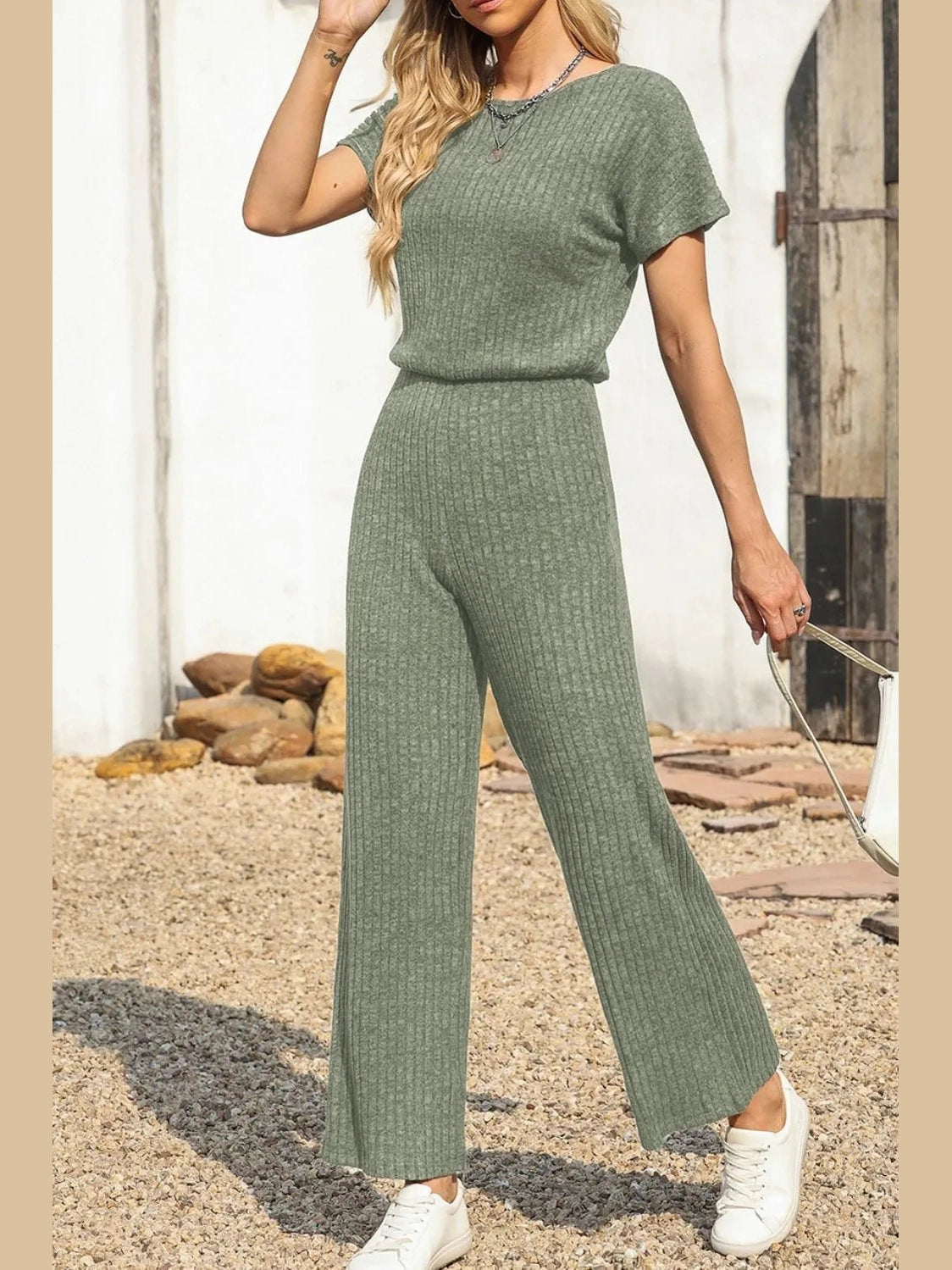 Ribbed Short Sleeve Wide Leg Jumpsuit nicholesgifts