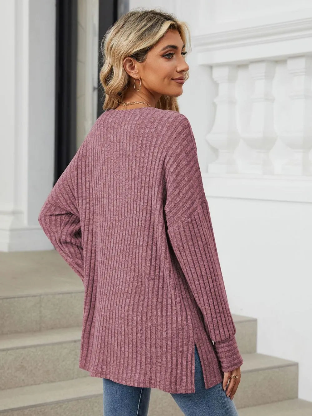 Ribbed Round Neck Long Sleeve T-Shirt NicholesGifts