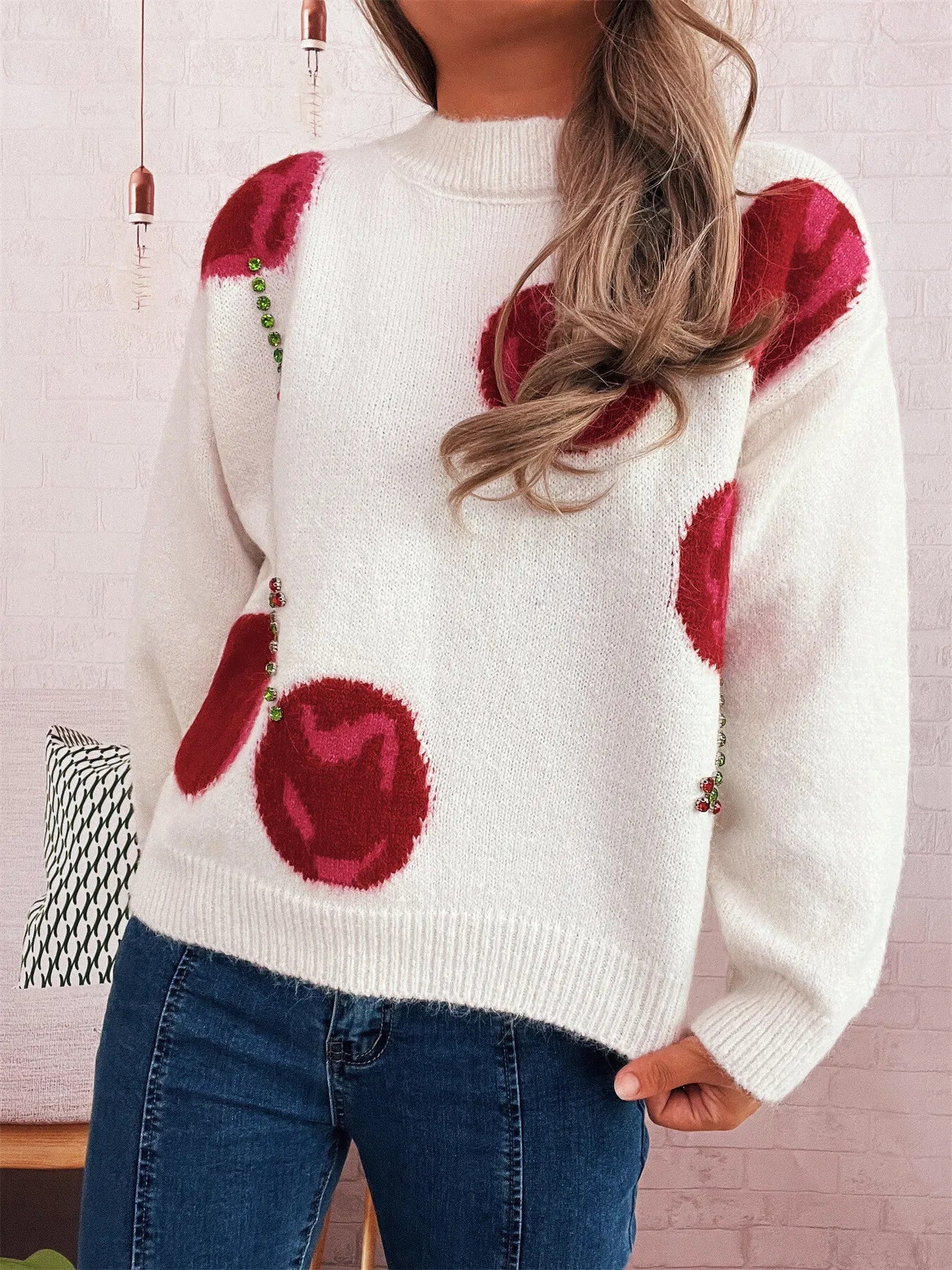 Contrast Cherry Round Neck Sweater