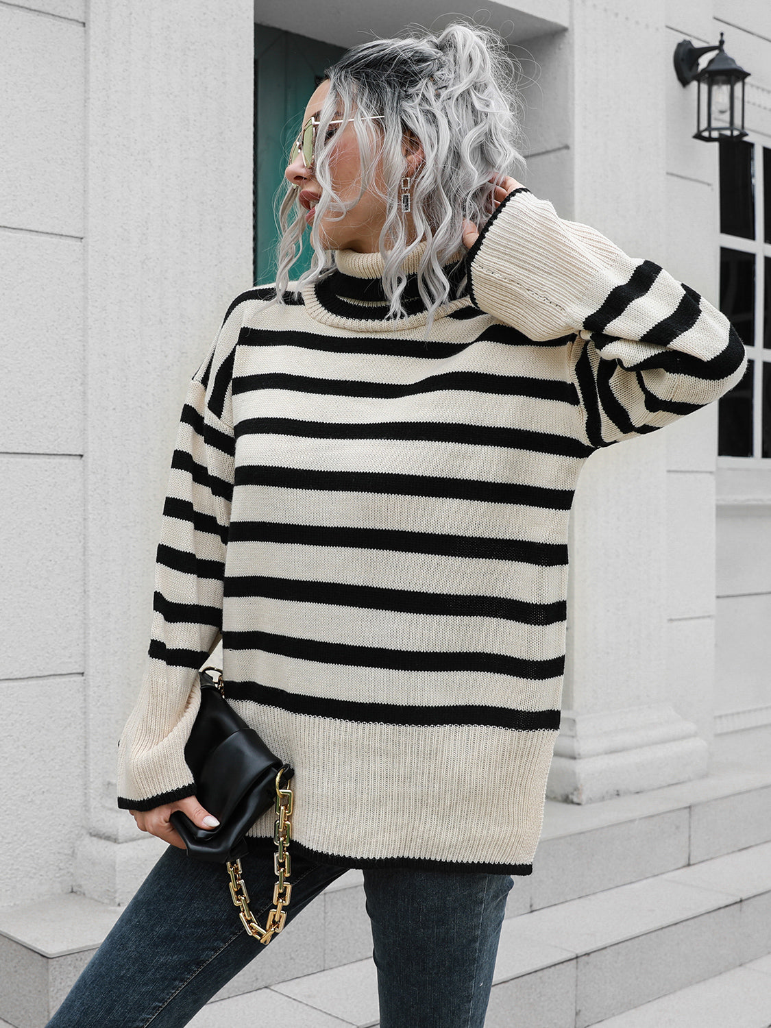 Striped Slit Turtleneck Drop Shoulder Sweater nicholesgifts