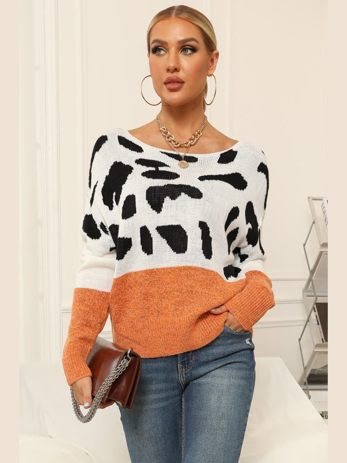 Full Size Two-Tone Boat Neck Sweater Trendsi