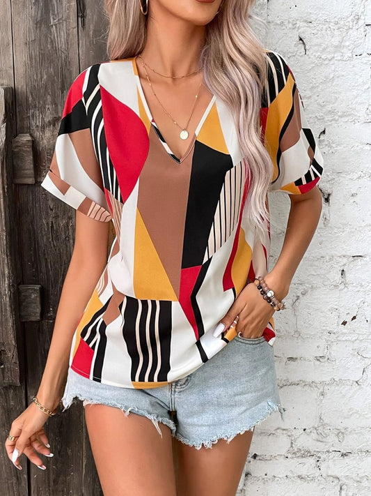 Printed V-Neck Short Sleeve Blouse nicholesgifts