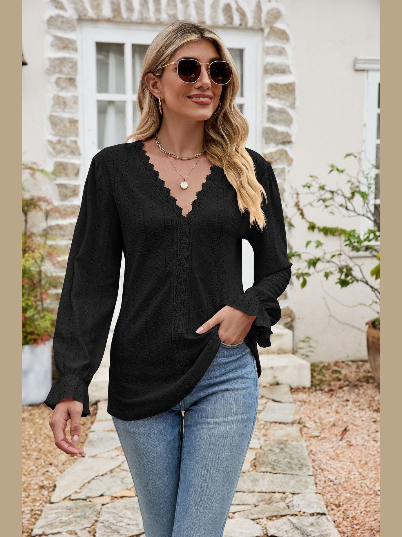 Eyelet Lace Trim Flounce Sleeve Blouse