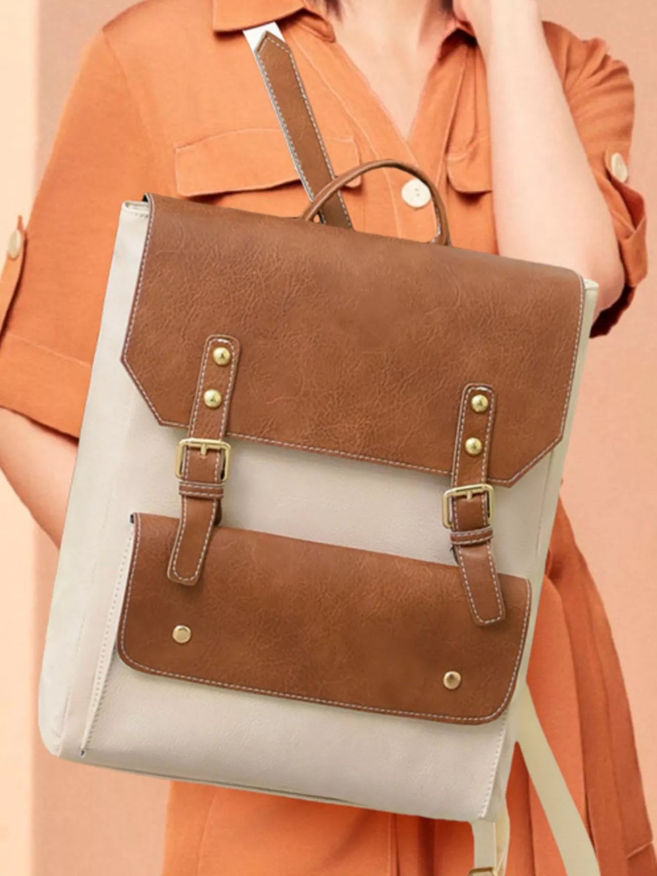 Two Tone Buckle Backpack Bag nicholesgifts