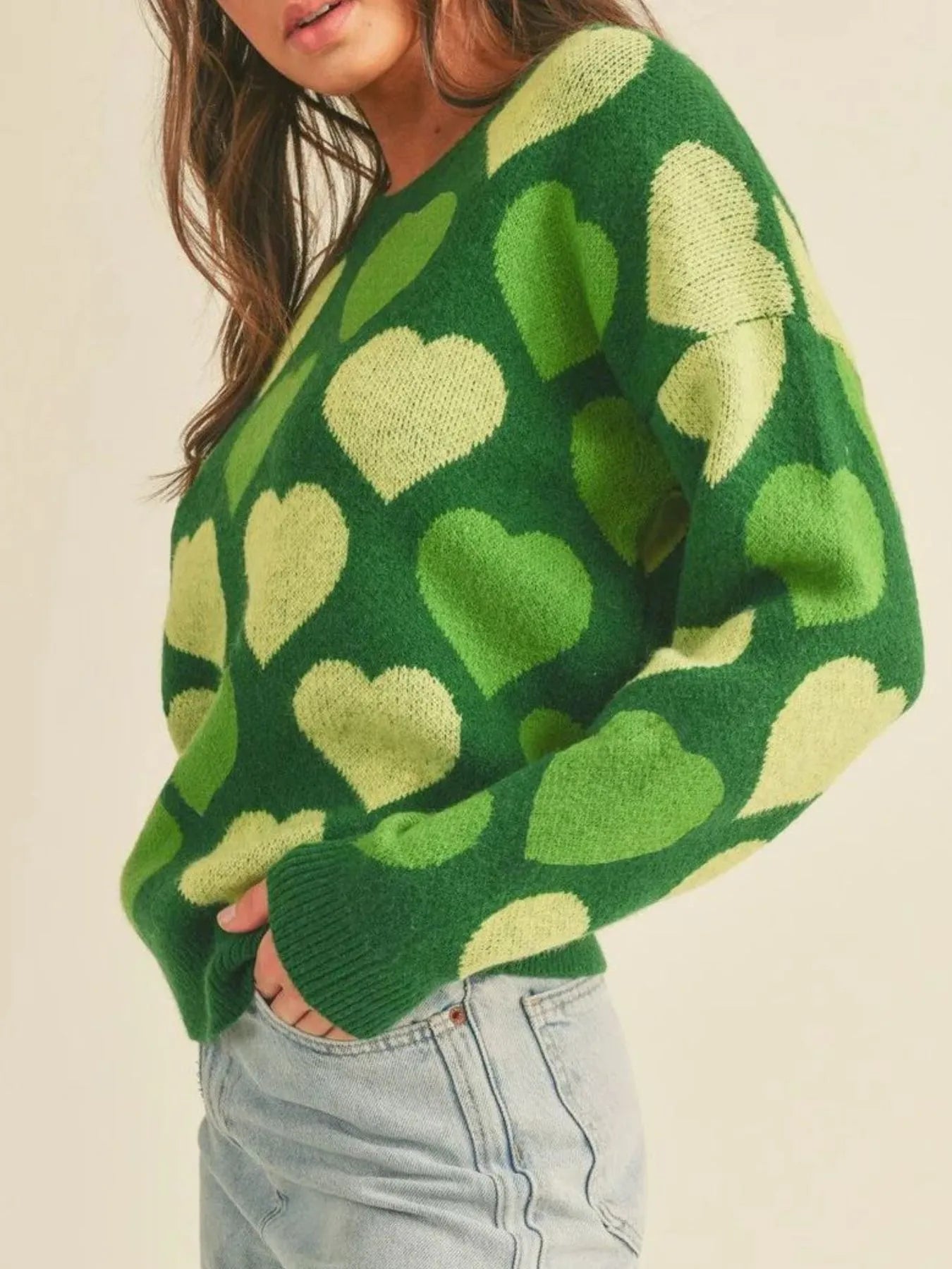 Women Heart Ribbed Hem Long Sleeve Sweater For Valentine's Day Gift For Her nicholesgifts