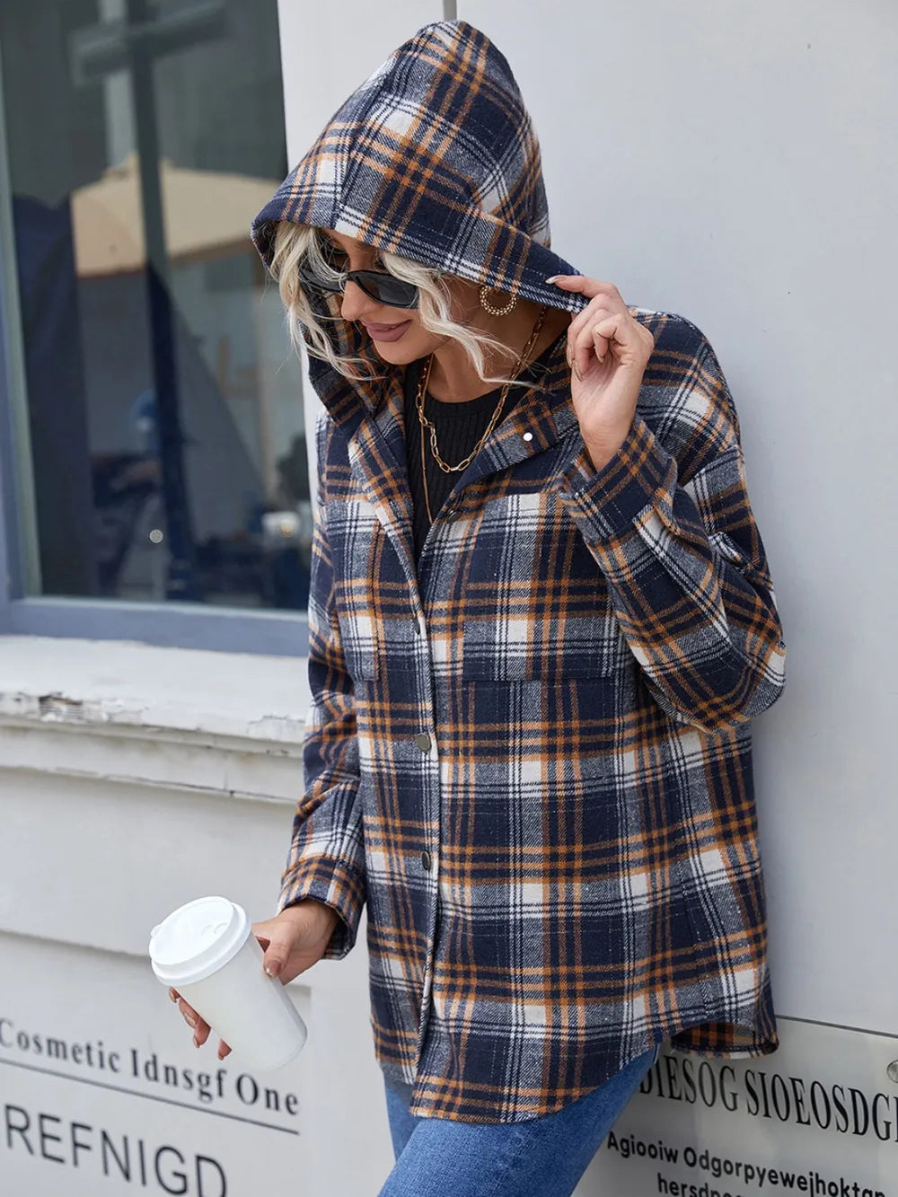 Ivy Lane Plaid Button Up Long Sleeve Hooded Jacket nicholesgifts