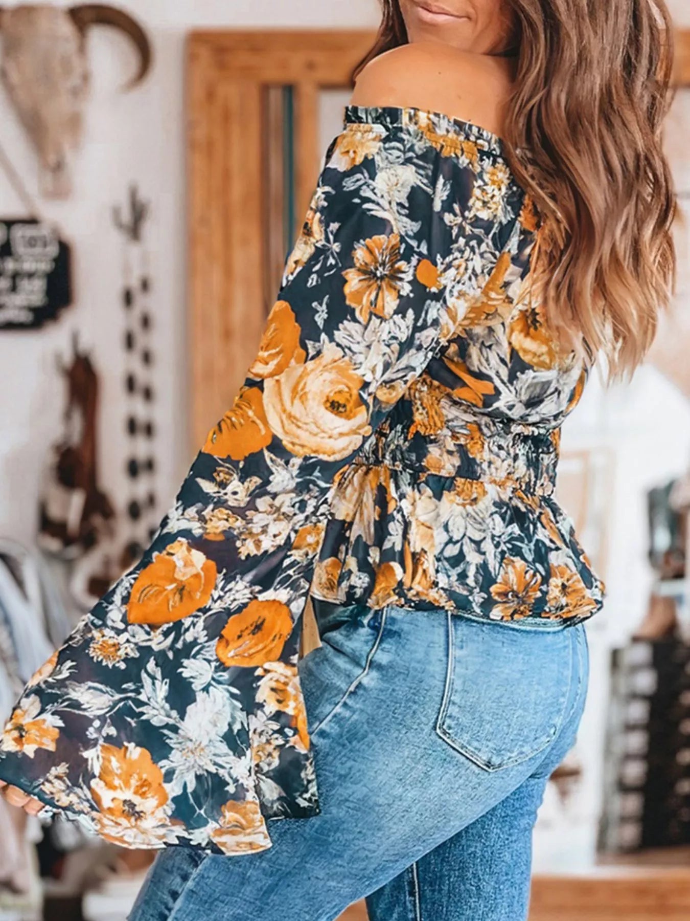 Floral Off Shoulder Bell Sleeve Smocked Peplum Top Trendsi