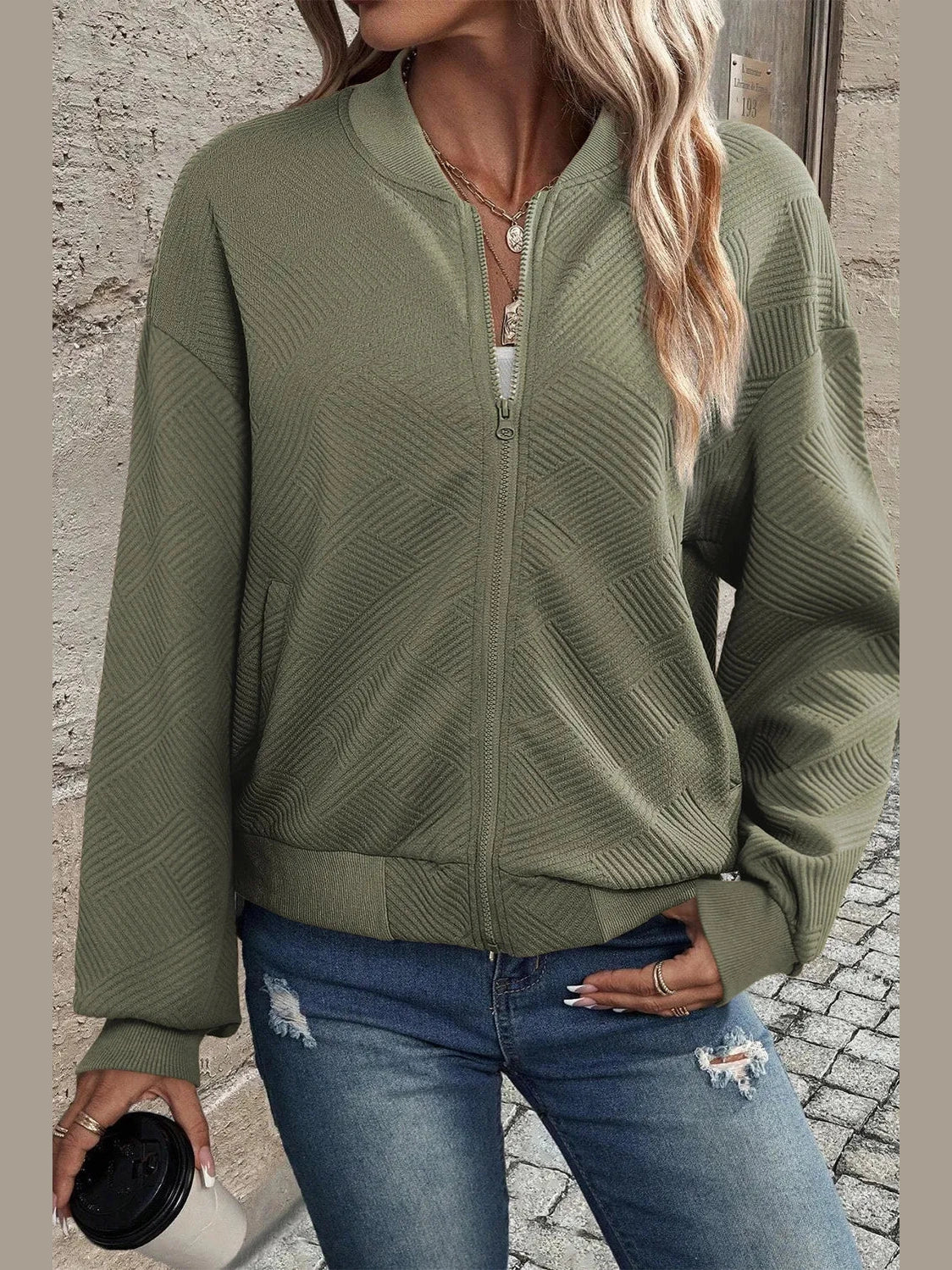 Textured Zip Up Baseball Collar Jacket Trendsi