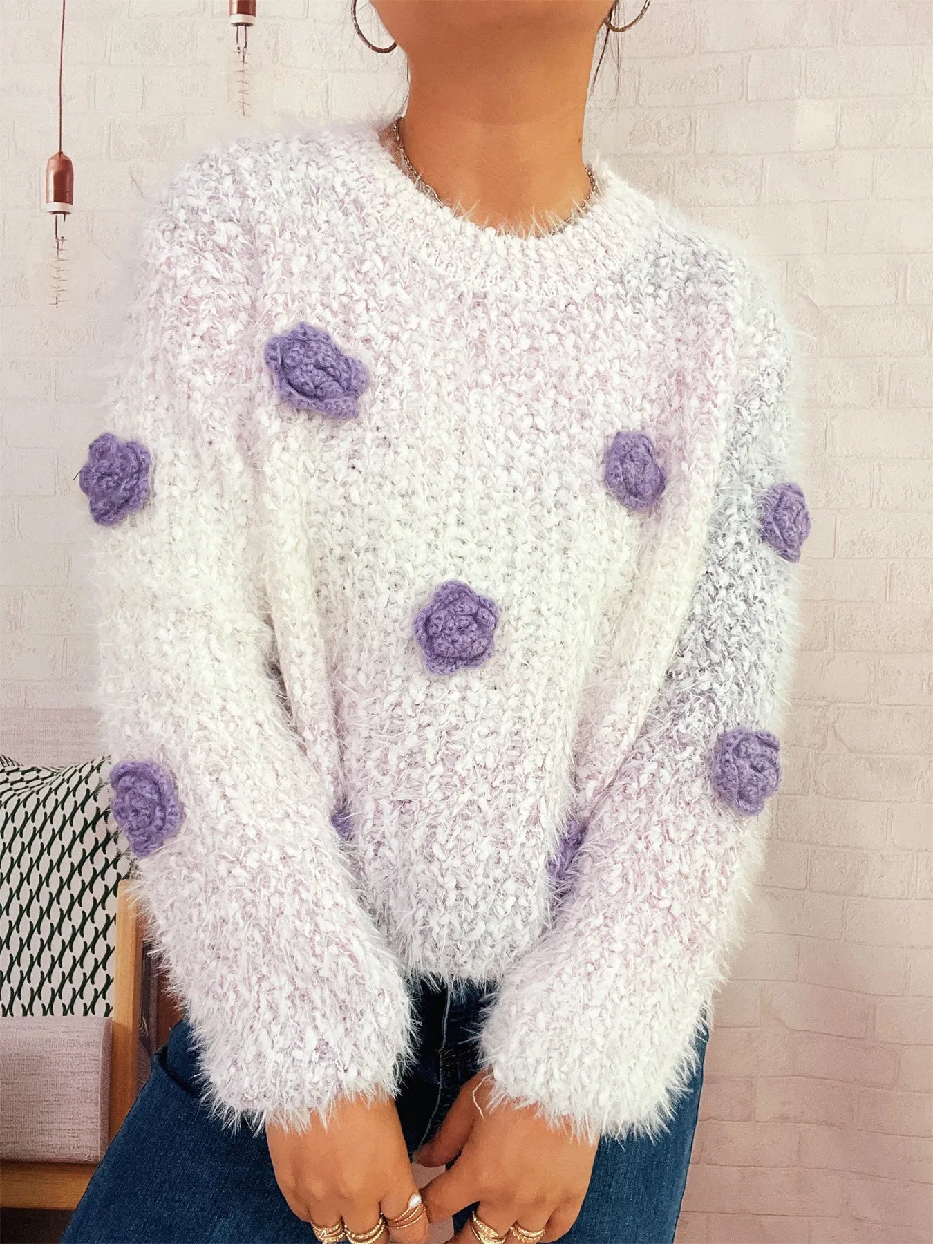 Flower Embellished Round Neck Sweater