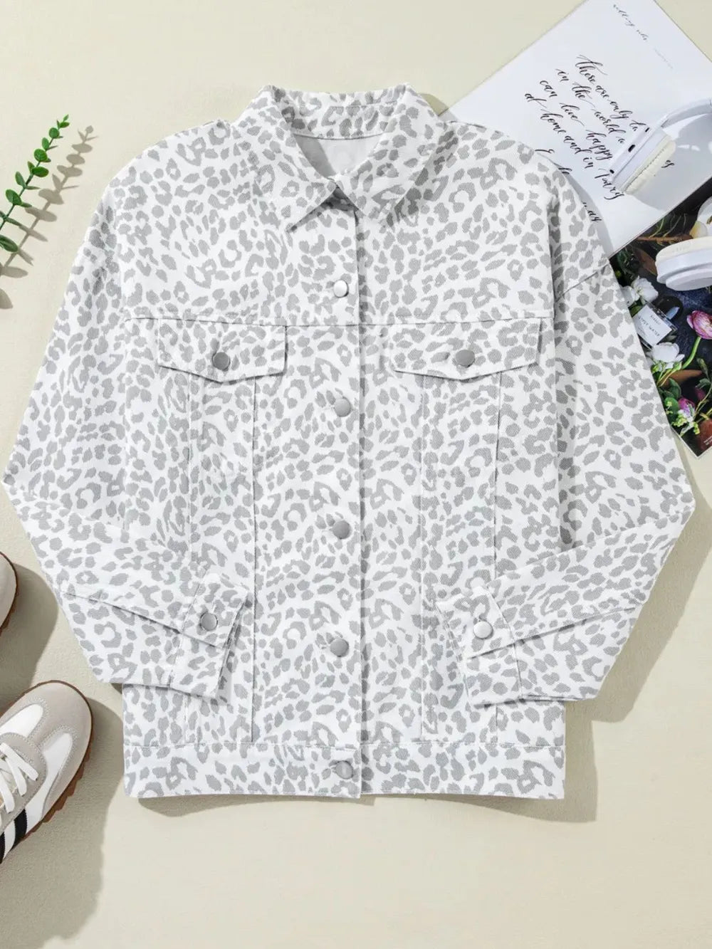 Leopard Button Up Long Sleeve Denim Jacket nicholesgifts