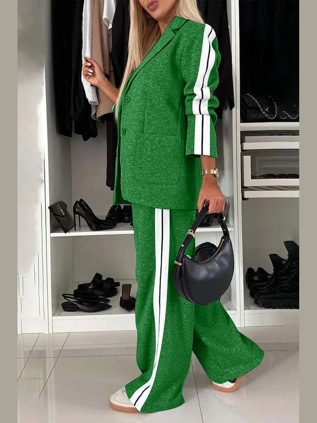 Full Size Contrast Lapel Collar Top and Pants Set nicholesgifts