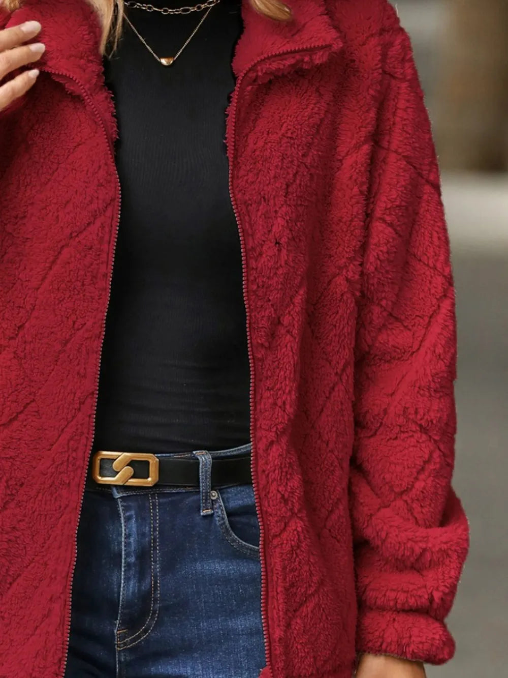 Fuzzy Pocketed Zip Up Jacket nicholesgifts