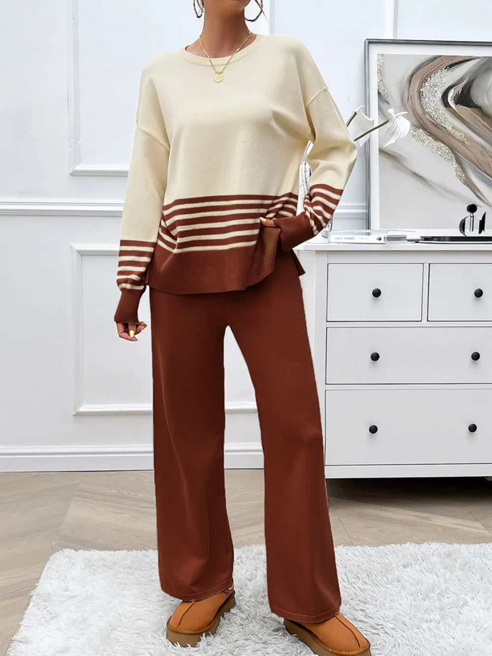 Devine Slit Striped Round Neck Top and Pants Sweater Set nicholesgifts