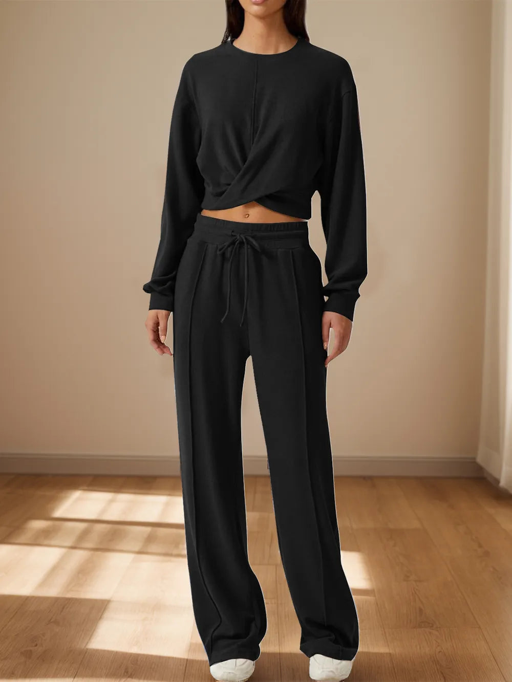 Crisscross Round Neck Top and Drawstring Pants Set nicholesgifts