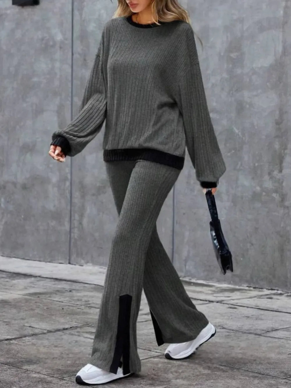 Contrast Round Neck Long Sleeve Top and Bootcut Pants Set nicholesgifts
