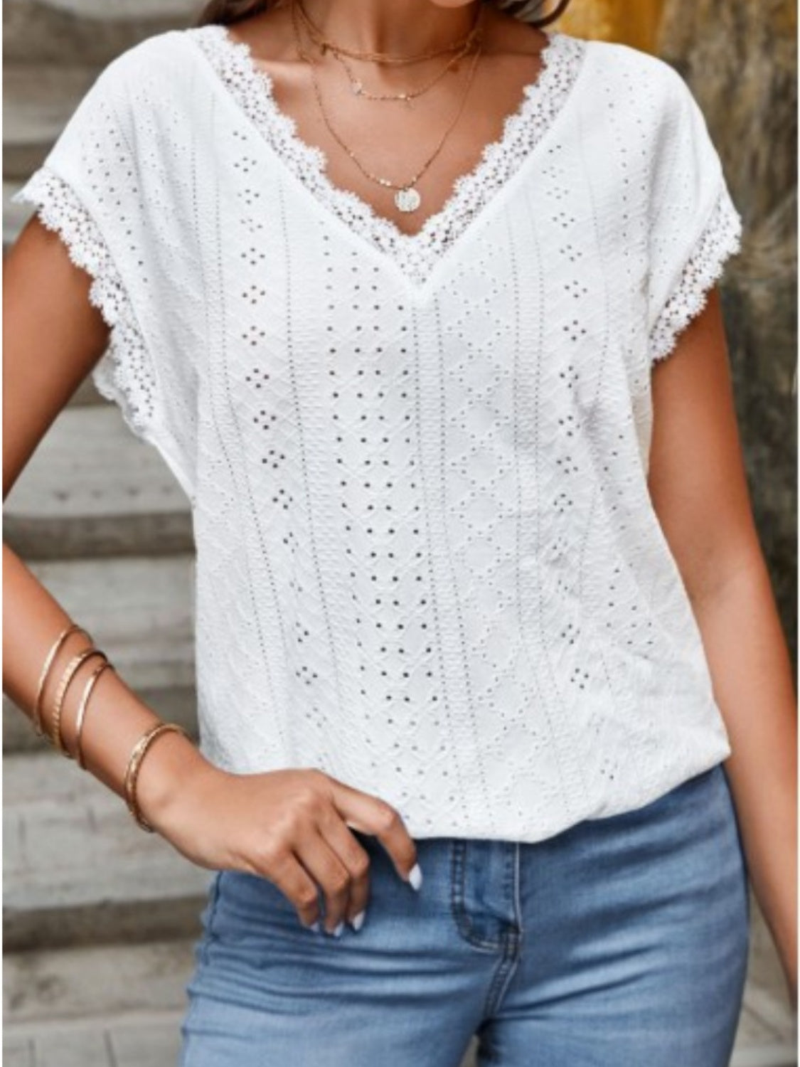 Eyelet V-Neck Cap Sleeve Blouse nicholesgifts