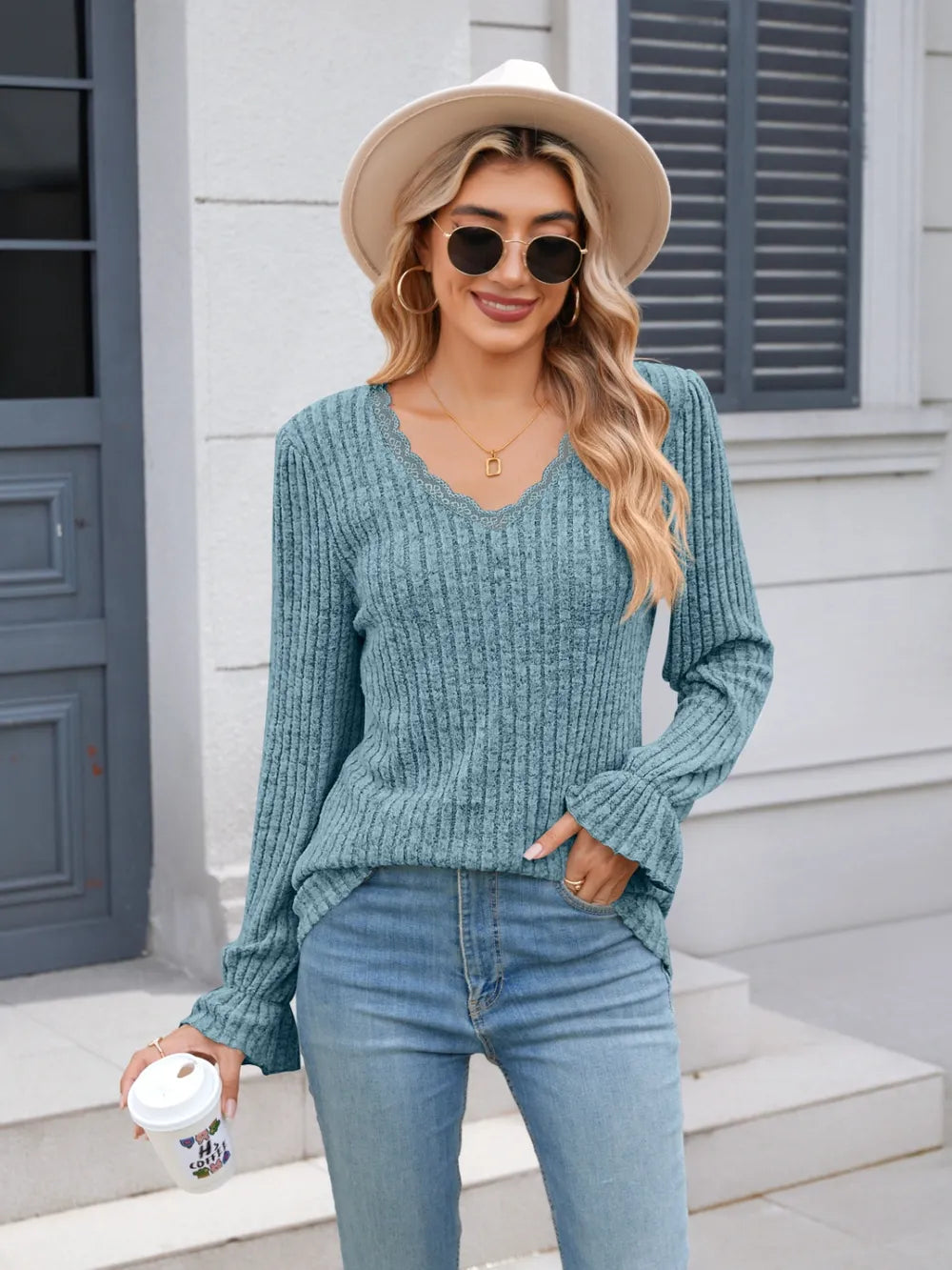 Lace Detail V-Neck Long Sleeve T-Shirt NicholesGifts