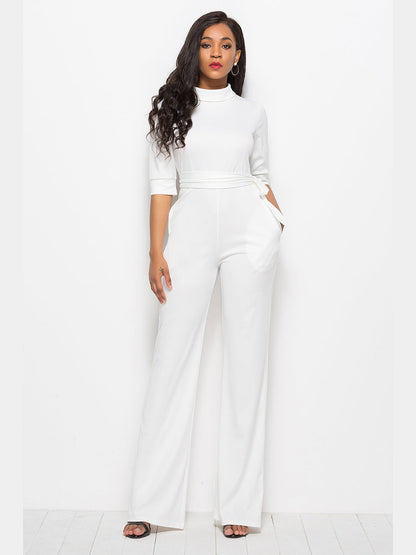 Mock Neck Tie-Waist Half Sleeve Jumpsuit nicholesgifts