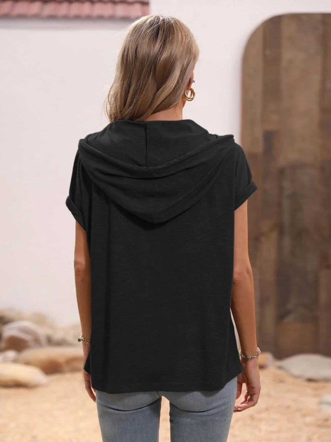 Half Button Hooded Short Sleeve Blouse nicholesgifts