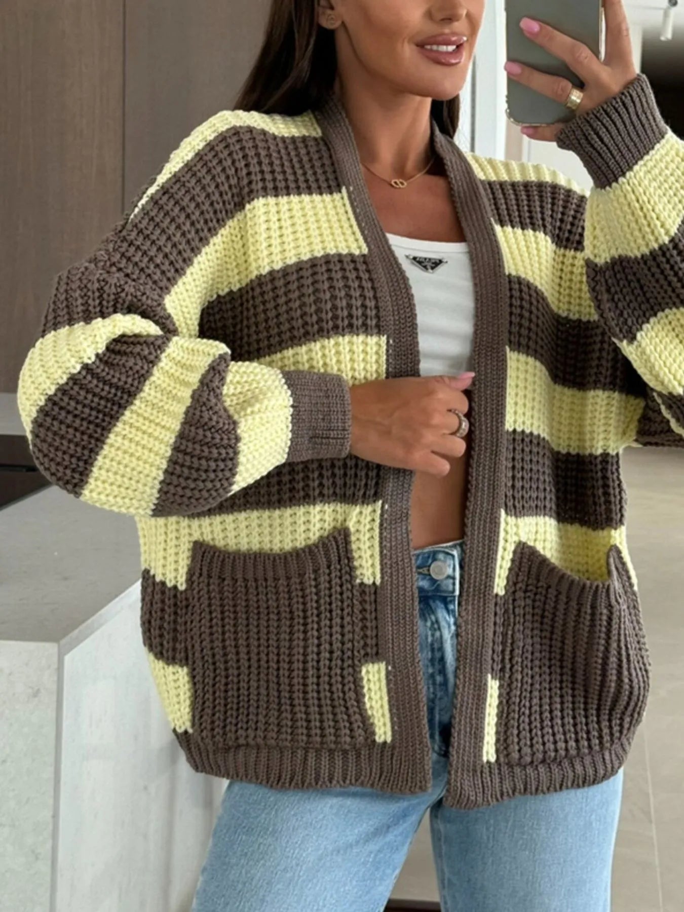 Striped Open Front Long Sleeve Cardigan Trendsi