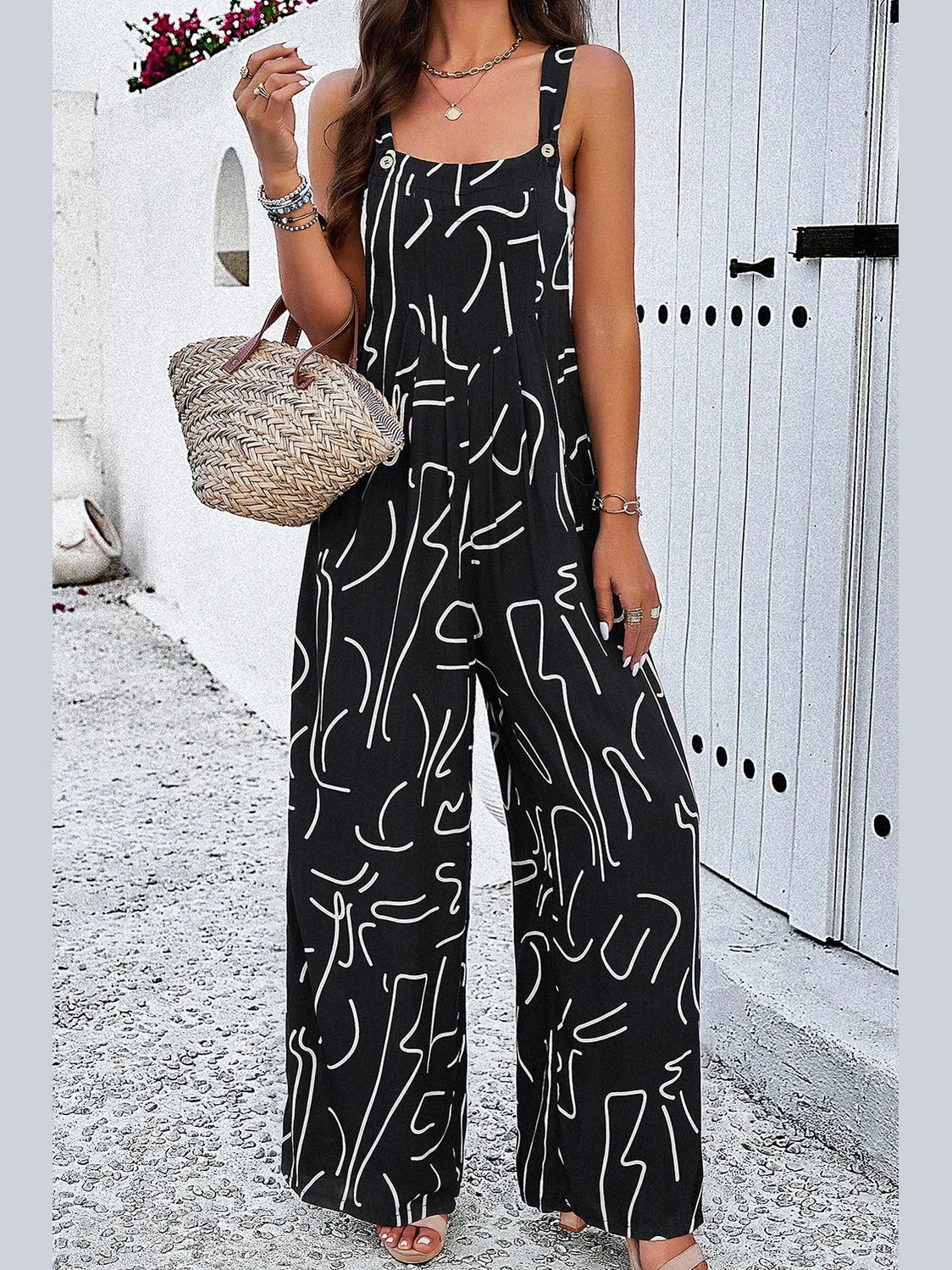 Devine Printed Wide Strap Jumpsuit with Pockets nicholesgifts