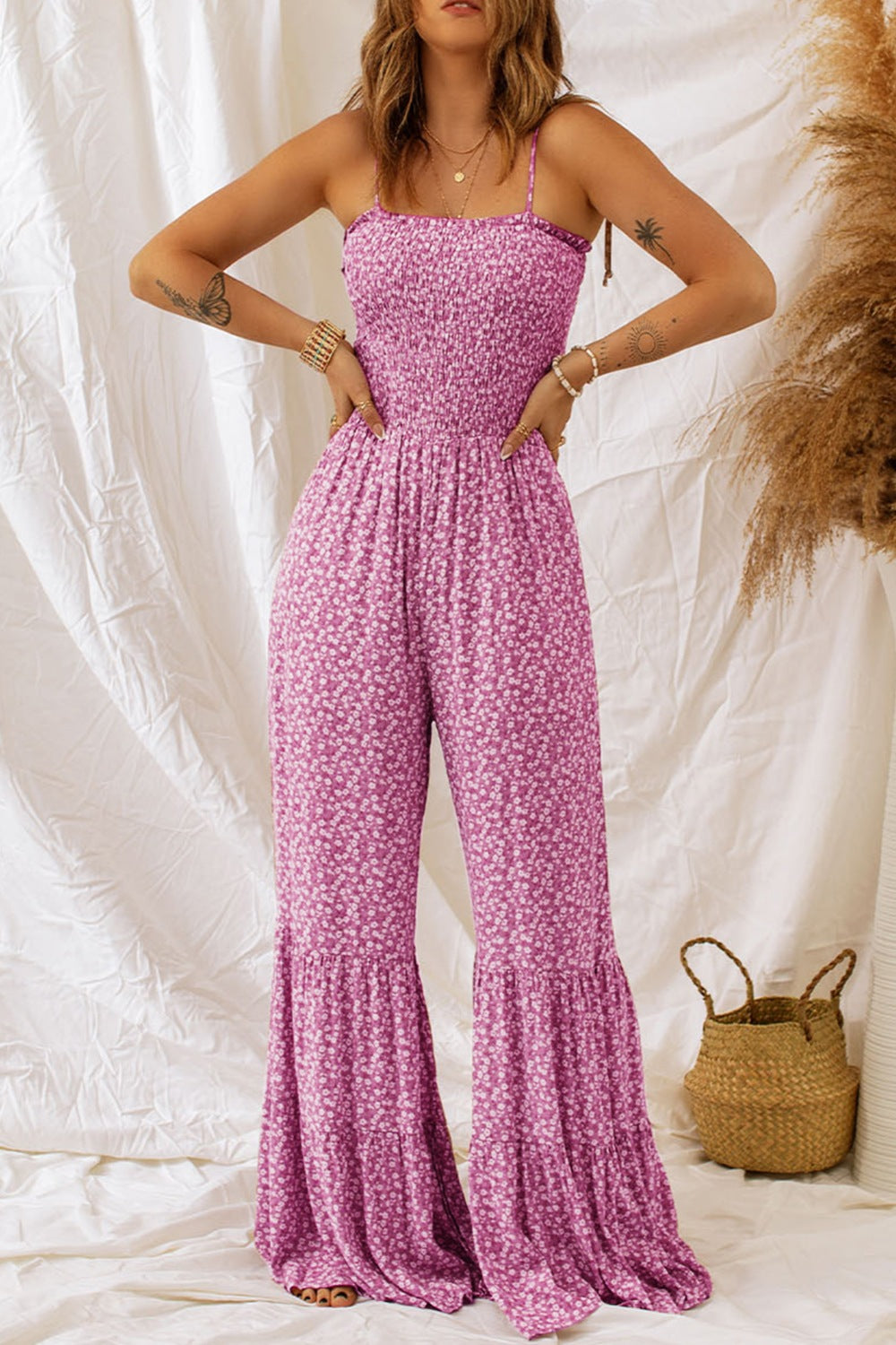 Smocked Printed Wide Strap Jumpsuit nicholesgifts