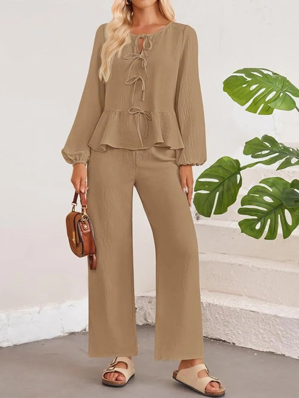 Tie Neck Balloon Sleeve Top and Pants Set nicholesgifts