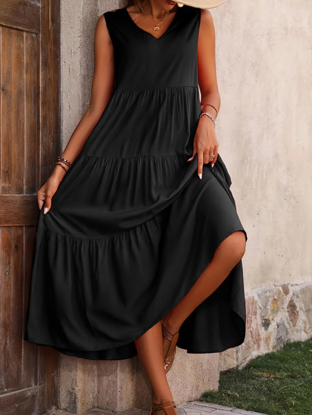 Tiered V-Neck Sleeveless Dress NicholesGifts