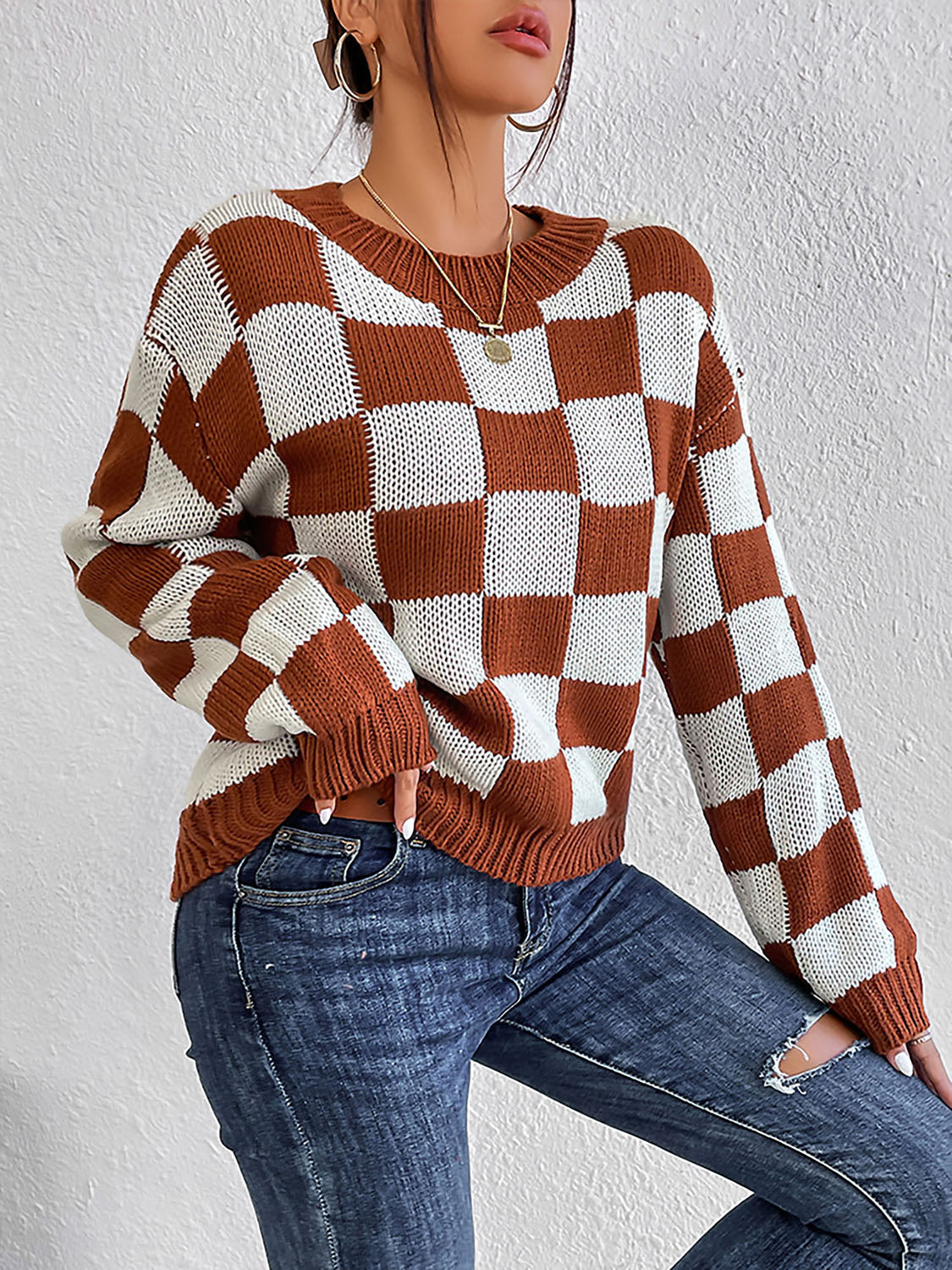 Checkered Round Neck Sweater Trendsi
