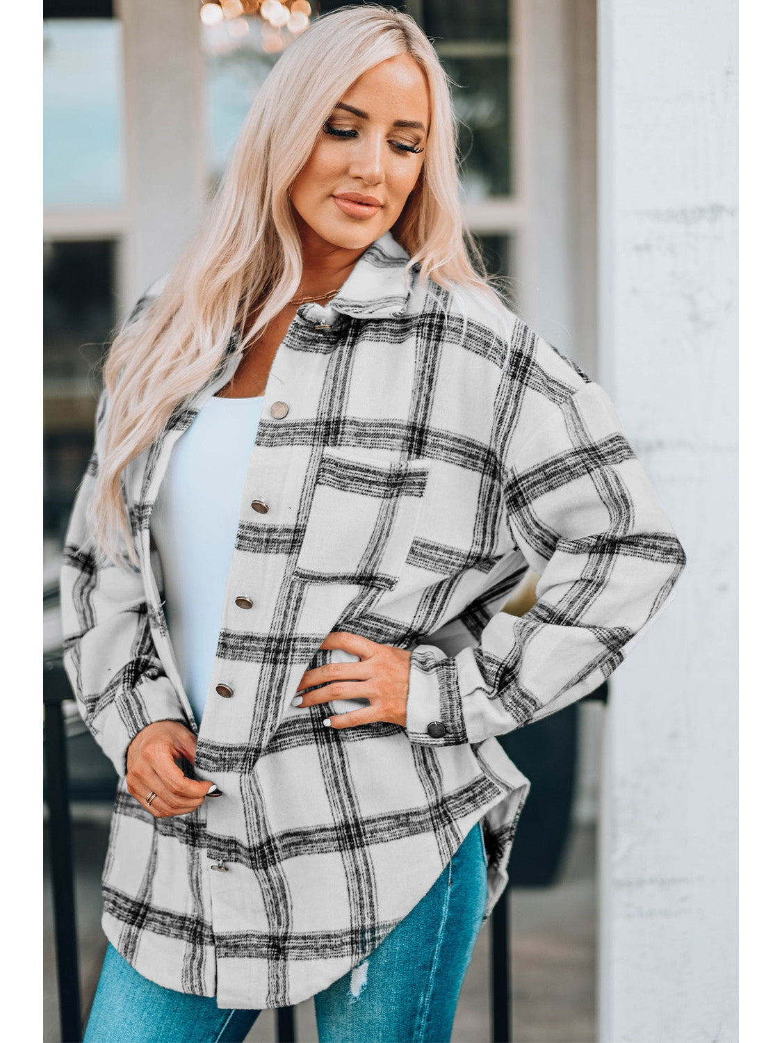 Plaid Curved Hem Dropped Shoulder Longline Shirt Jacket nicholesgifts