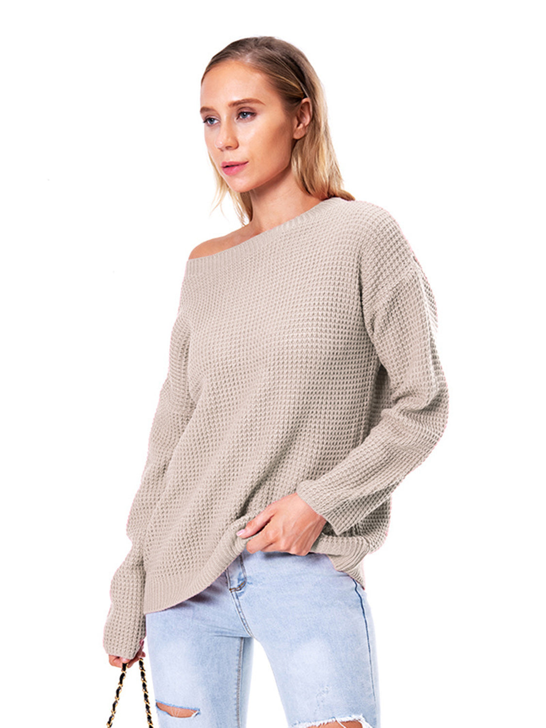 Boat Neck Drop Shoulder Long Sleeve Sweater nicholesgifts