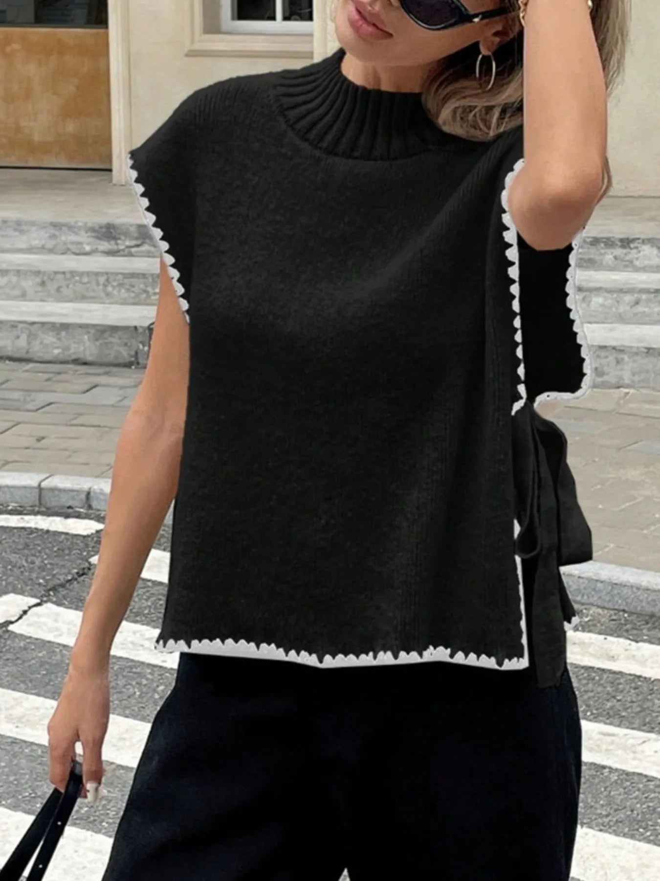 Ribbed Turtleneck Sweater Vest with Contrast Trim Trendsi
