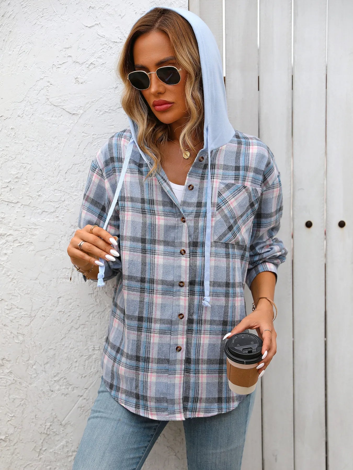 Plaid Button-Up Hooded Shirt NicholesGifts