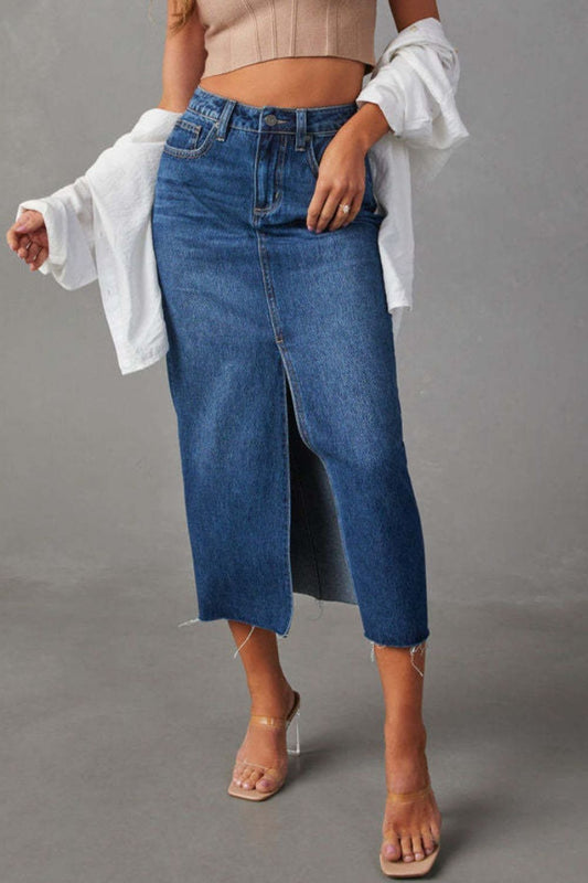 Women Slit Raw Hem Midi Denim Skirt
