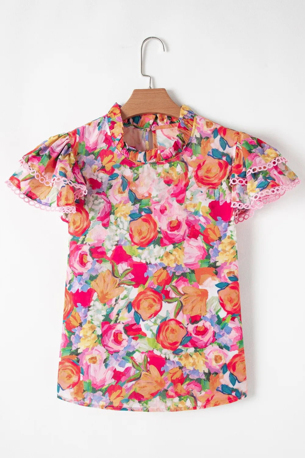 Lace Trim Ruffle Cap Sleeve Floral Blouse Trendsi