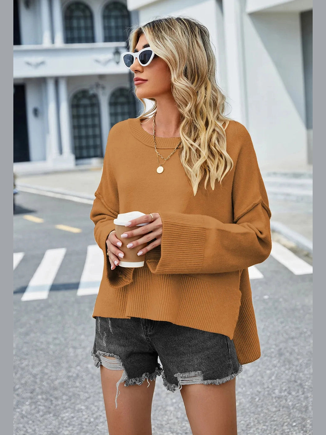 High-Low Slit Round Neck Long Sleeve Sweater nicholesgifts