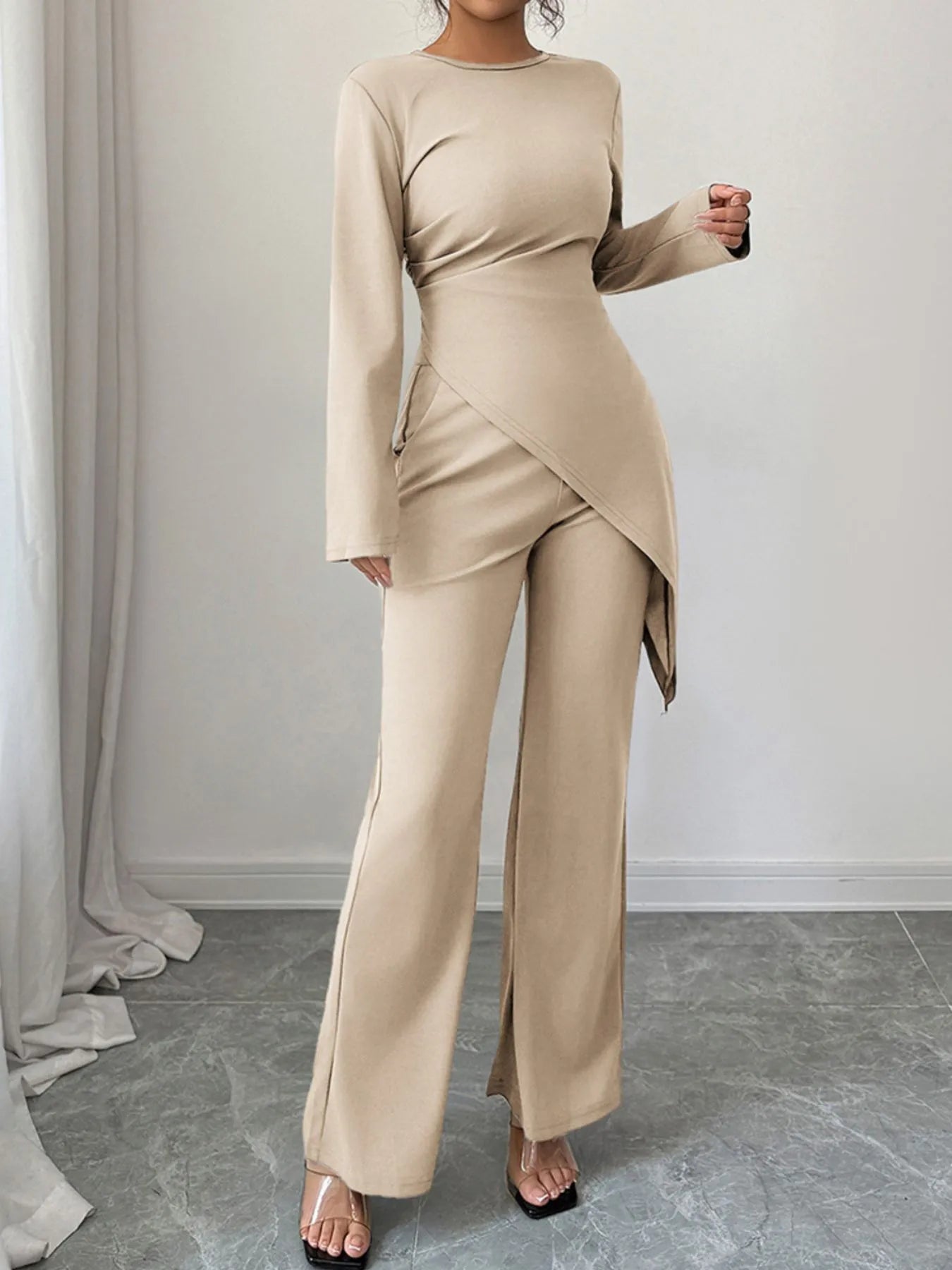 Asymmetric Long Sleeve Top and Pants Set nicholesgifts