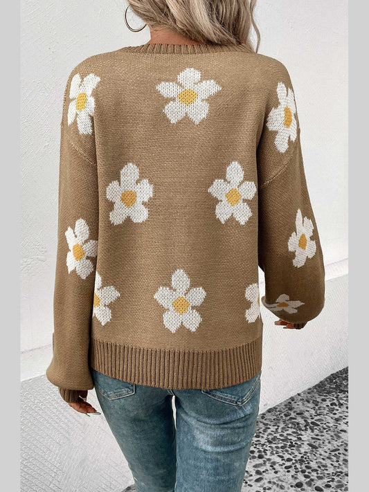 Perfee Floral Dropped Shoulder Sweater nicholesgifts