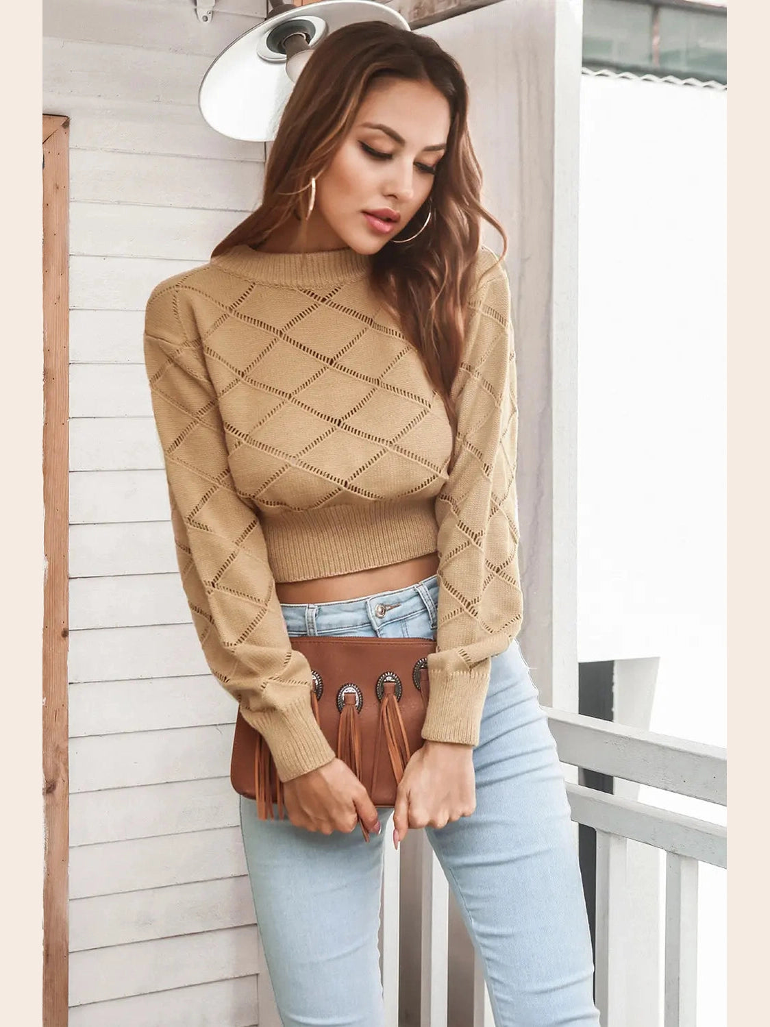 Openwork Plaid Round Neck Cropped Sweater Trendsi