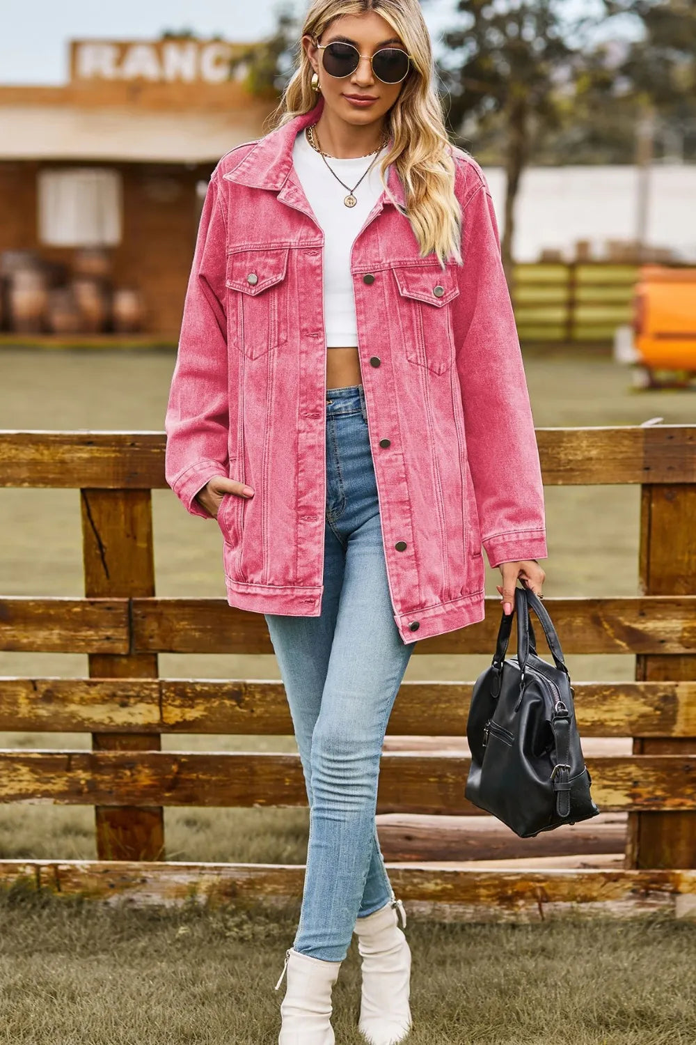 Buttoned Collared Neck Denim Jacket with Pockets Trendsi