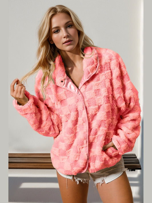 NicholesGifts Women Double Take Checkered Long Sleeve Fuzzy Jacket