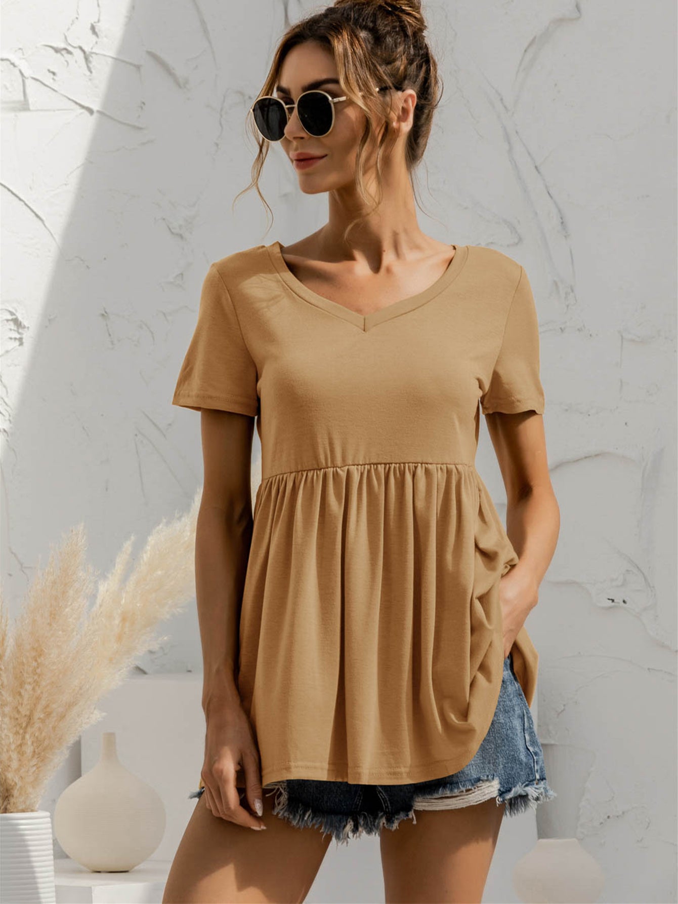 V-Neck Short Sleeve Babydoll Top NicholesGifts