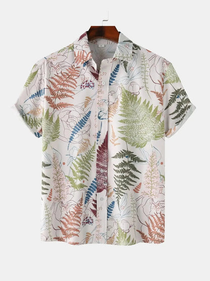 Men's Tropical Fern Print Short Sleeve Button-Up Shirt nicholesgifts